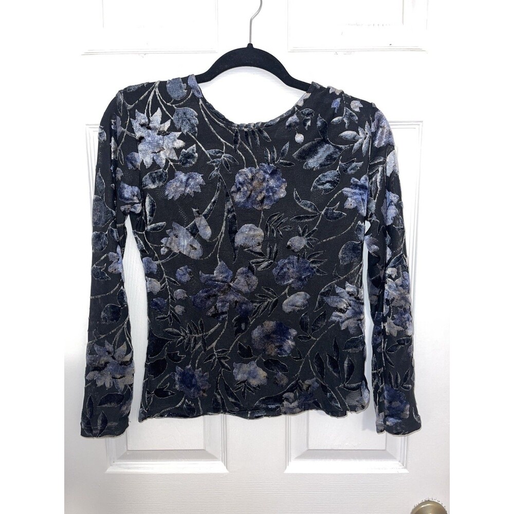 Womens Blue & Black See Through & Velvet Floral Top Long Sleeved No Tags
